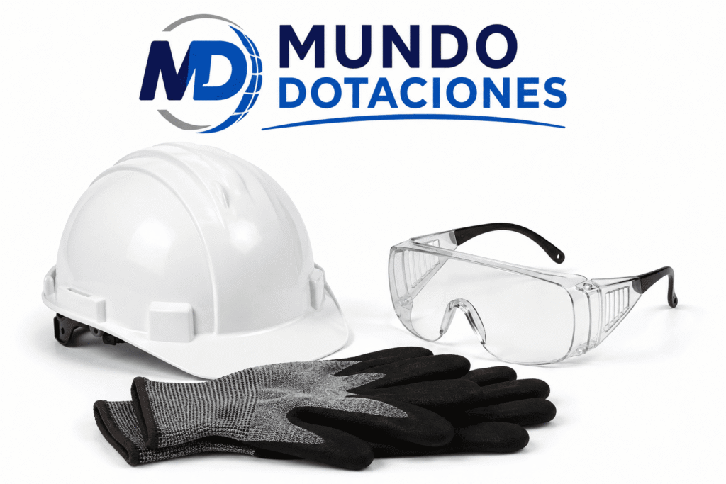 casco de seguridad, gafas y guantes