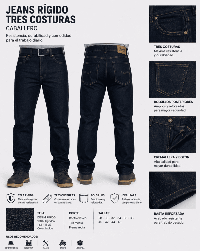 jeans rigido tres costuras